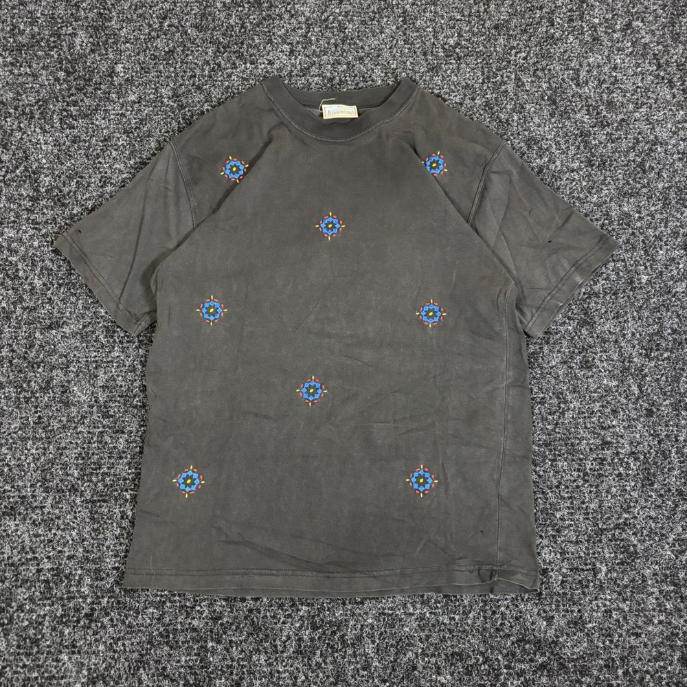Vintage Aeropostale Embroidered Floral Medallion T-Shirt Faded Black Boho M